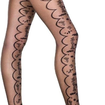 MUSIC LEGS Women's Floral Print Spandex Sheer Pantyhose, Black, One Size